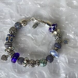 Vintage Pandora Bracelet Blue Enamel CZ 24 Charms Great Preowned Condition